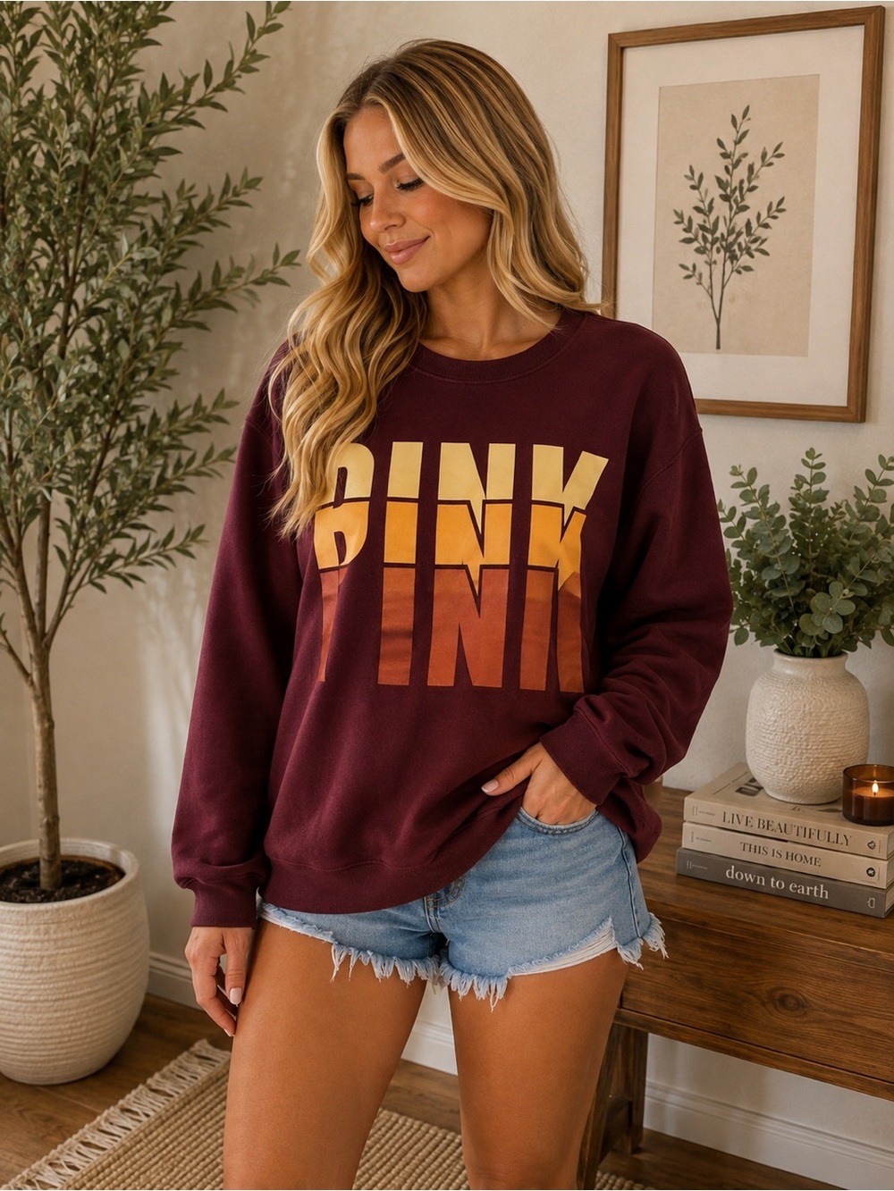 PINK Victoria's Secret Maroon Ombre Logo Crewneck Sweatshirt